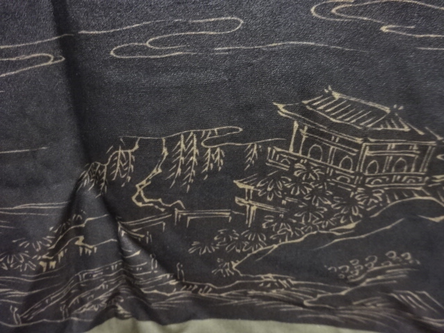 JAPANESE KIMONO / ANTIQUE MENS JUBAN / SILK / STRIPE & SCENERY